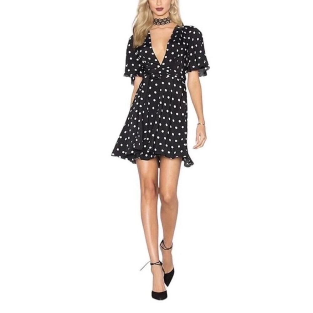 House of Harlow 1960 x Revolve Black Polka Dot Harper Mini Wrap Dress Sz XS